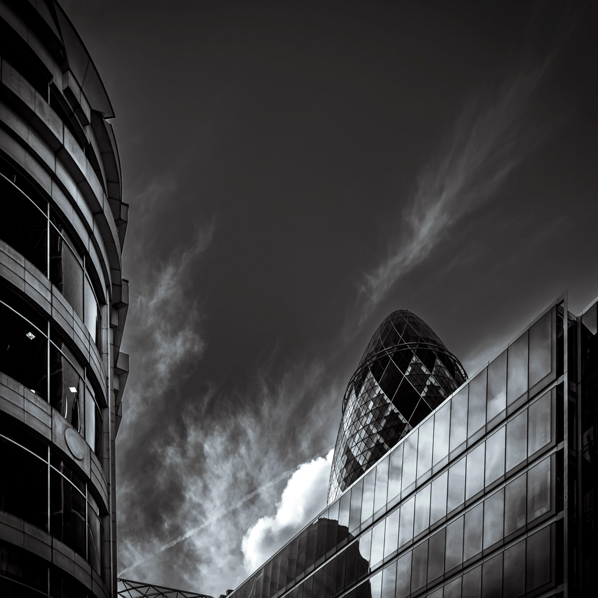 Black and white view of the Gherkin and City of London architecture